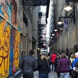 Group walking through alley