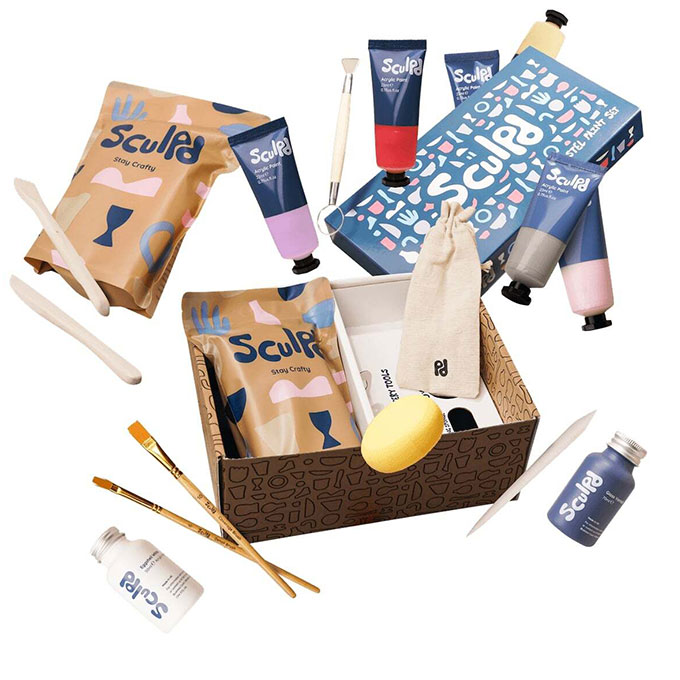 Sculpd Home Collection: Mini Cosmetics Shelf Kit - Pottery Tools & Sponge Two Ultra-Fine Paintbrushes