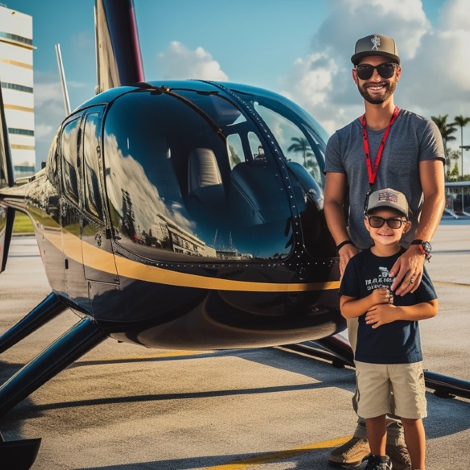 Father and son next to helicopter