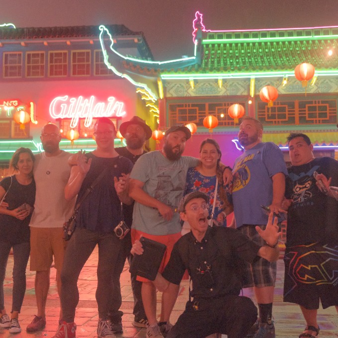 Group Posing in Chinatown with Lights