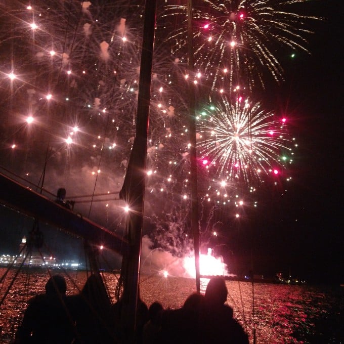 Group Watching Fireworks on Boat