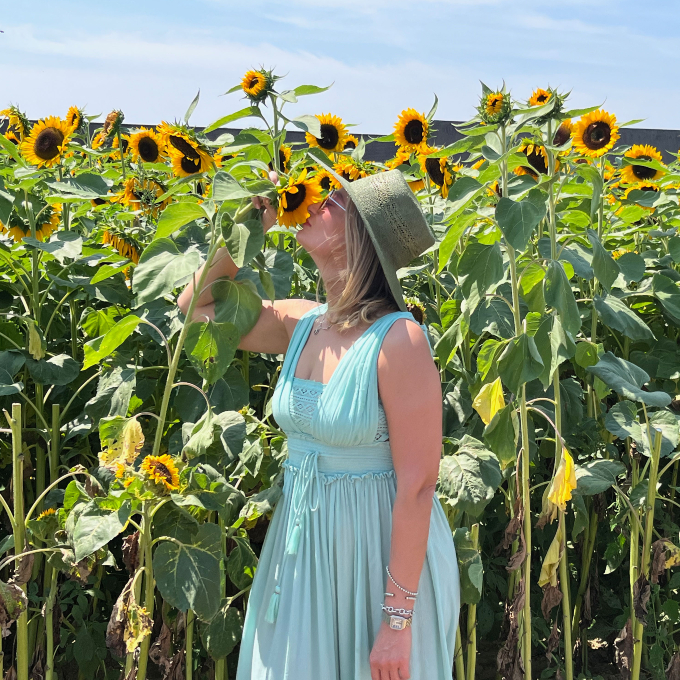 Women smelling sunflowers